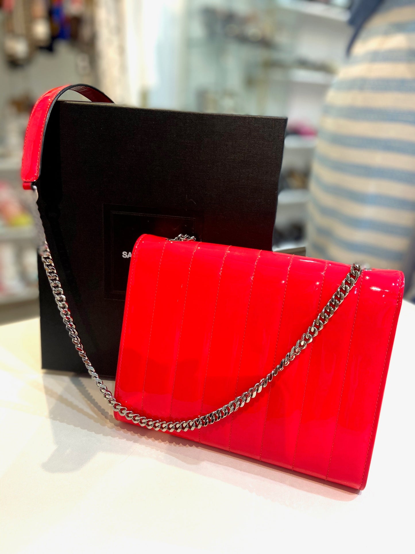YSL MONOGRAM VICKY PATENT WALLET ON CHAIN
