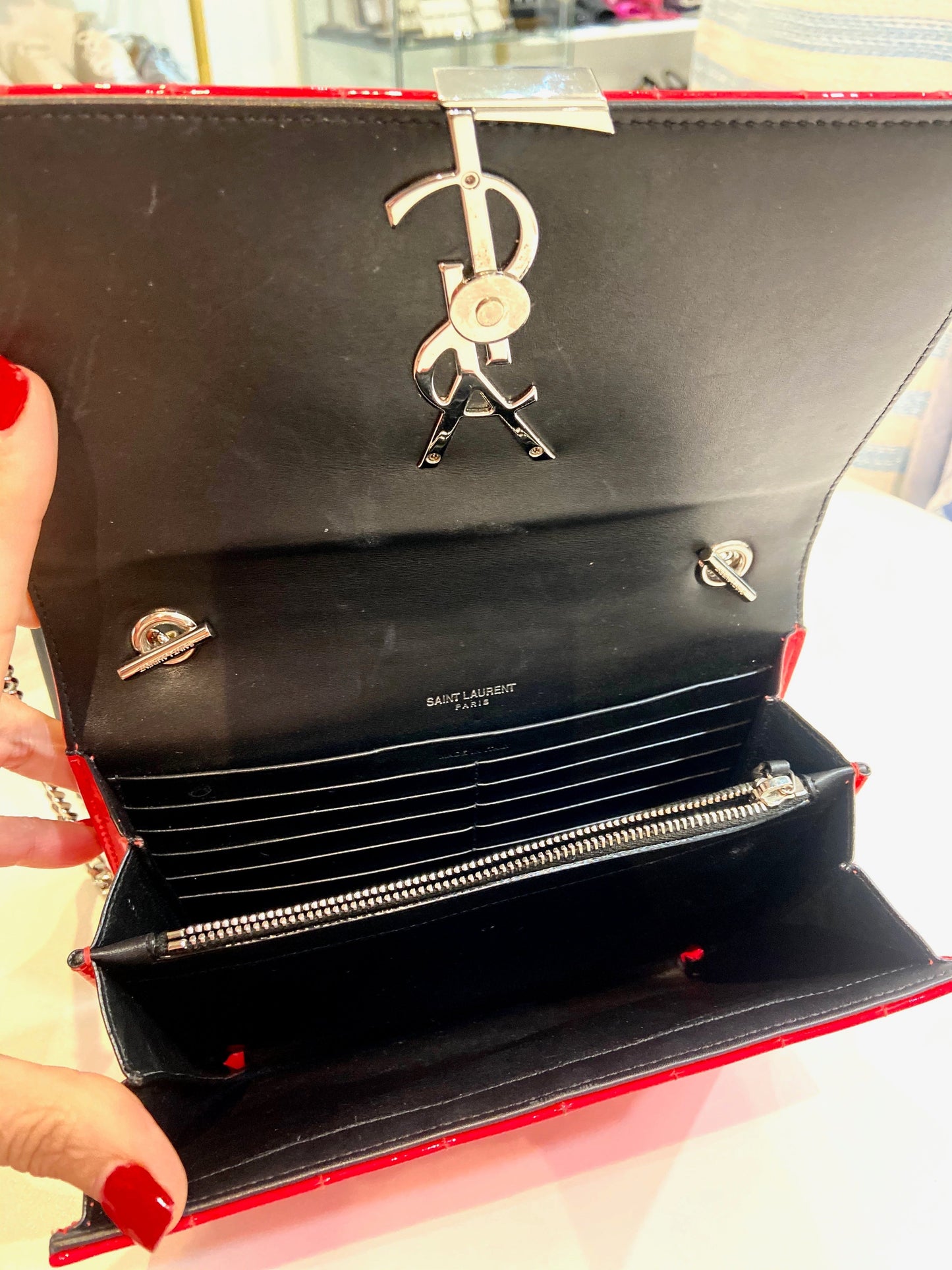YSL MONOGRAM VICKY PATENT WALLET ON CHAIN