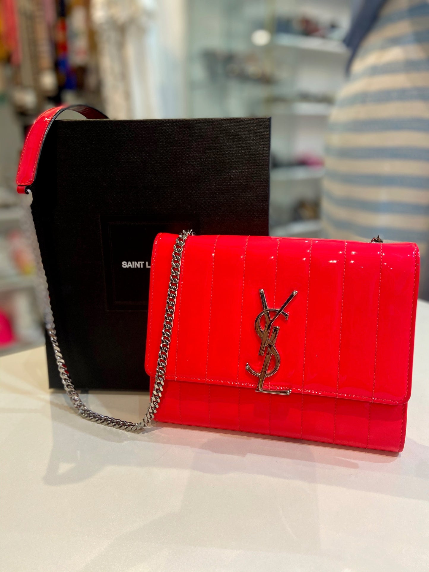YSL MONOGRAM VICKY PATENT WALLET ON CHAIN