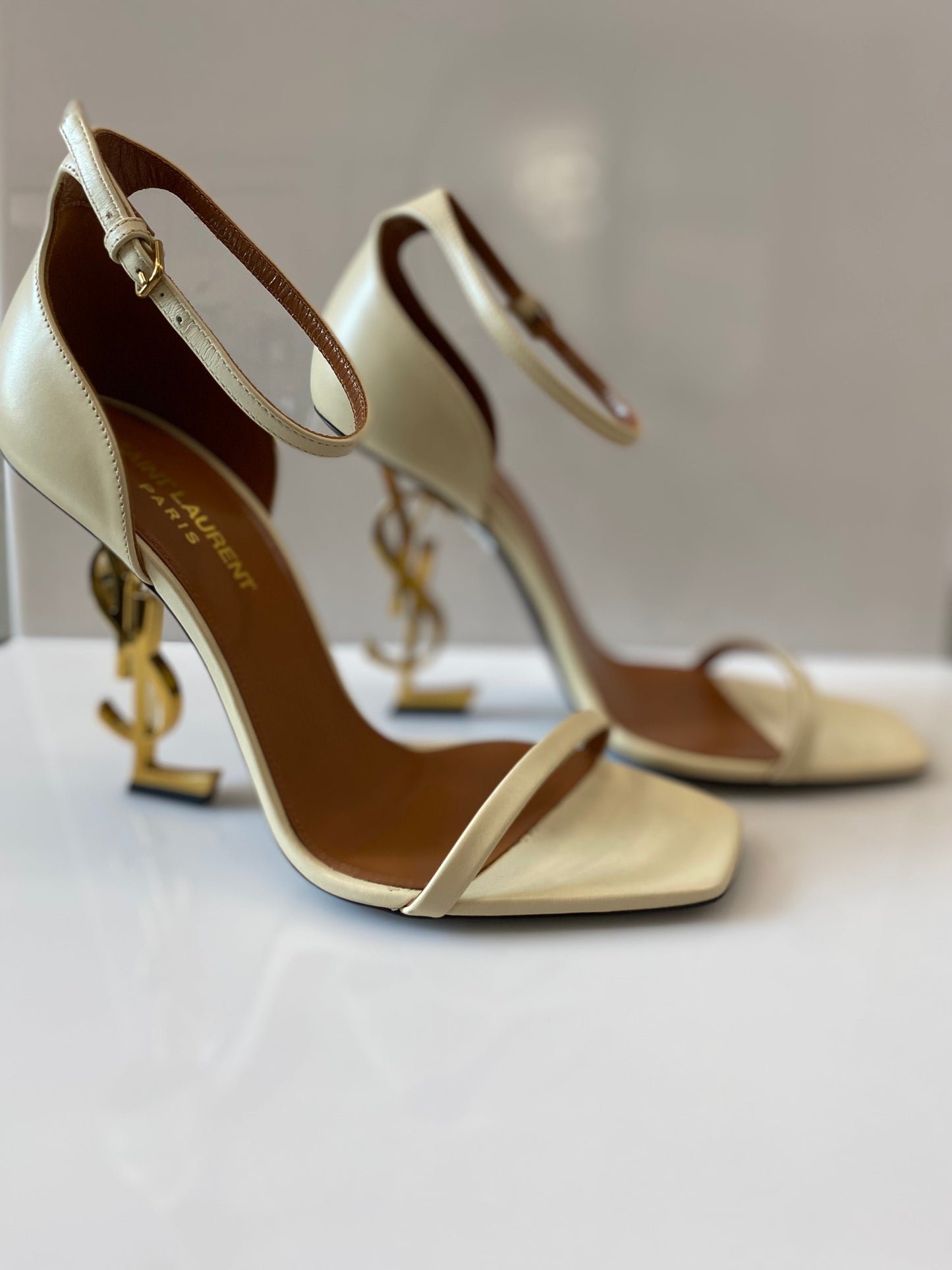 YSL OPYUM LOGO HEEL LEATHER SANDALS