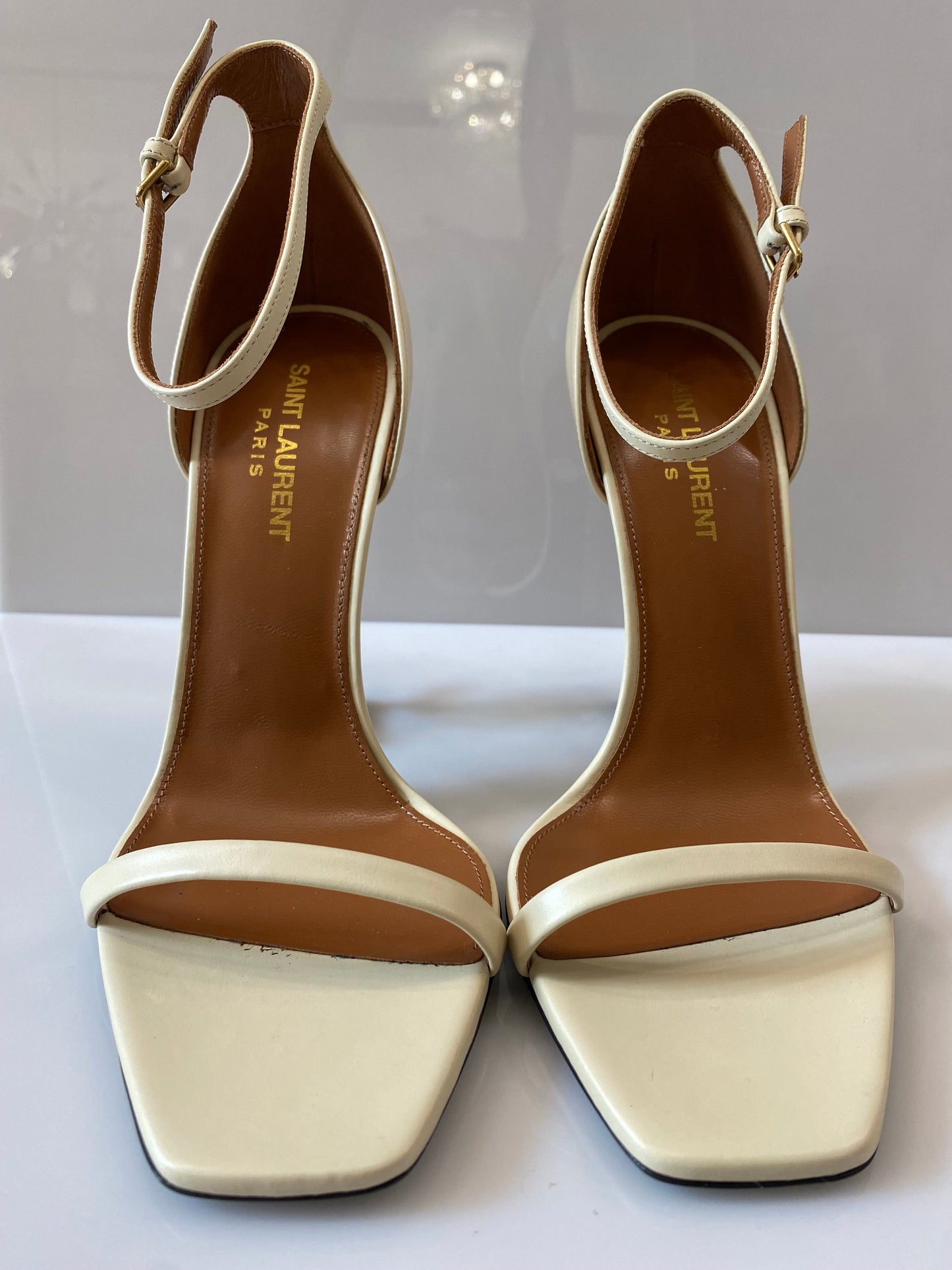 YSL OPYUM LOGO HEEL LEATHER SANDALS
