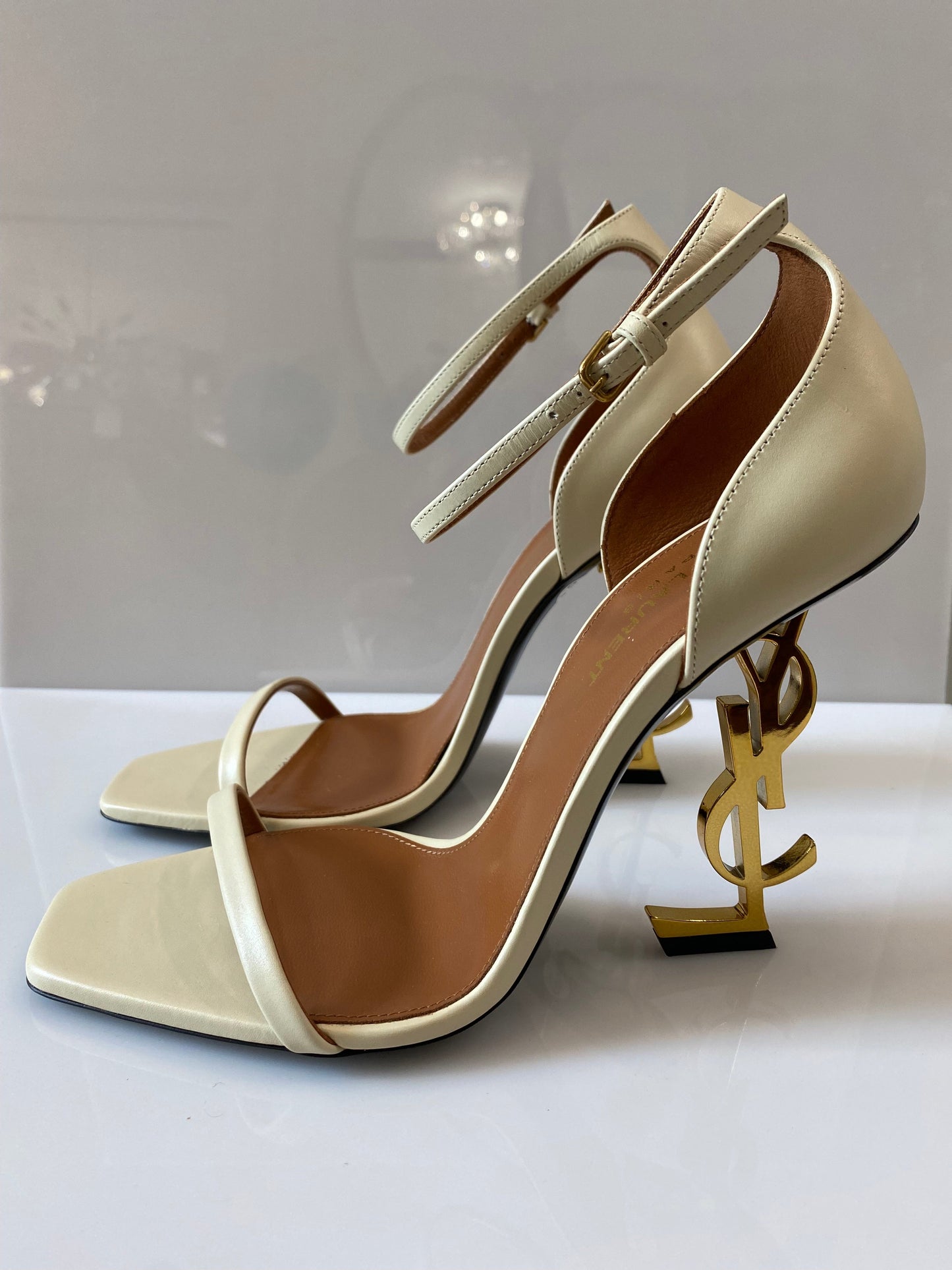 YSL OPYUM LOGO HEEL LEATHER SANDALS