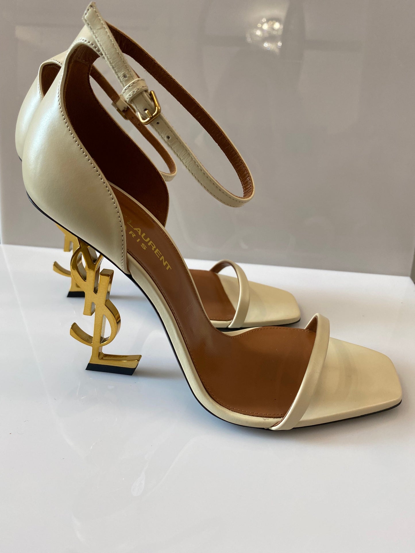 YSL OPYUM LOGO HEEL LEATHER SANDALS