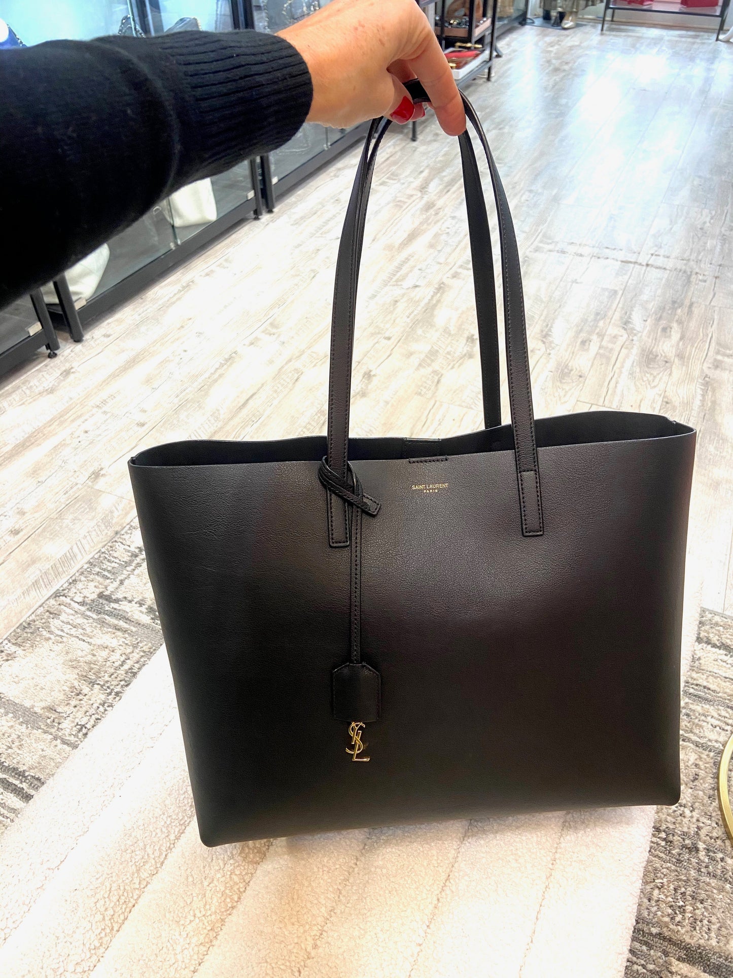 YVES SAINT LAURENT EAST WEST LEATHER SHOPPING TOTE BAG