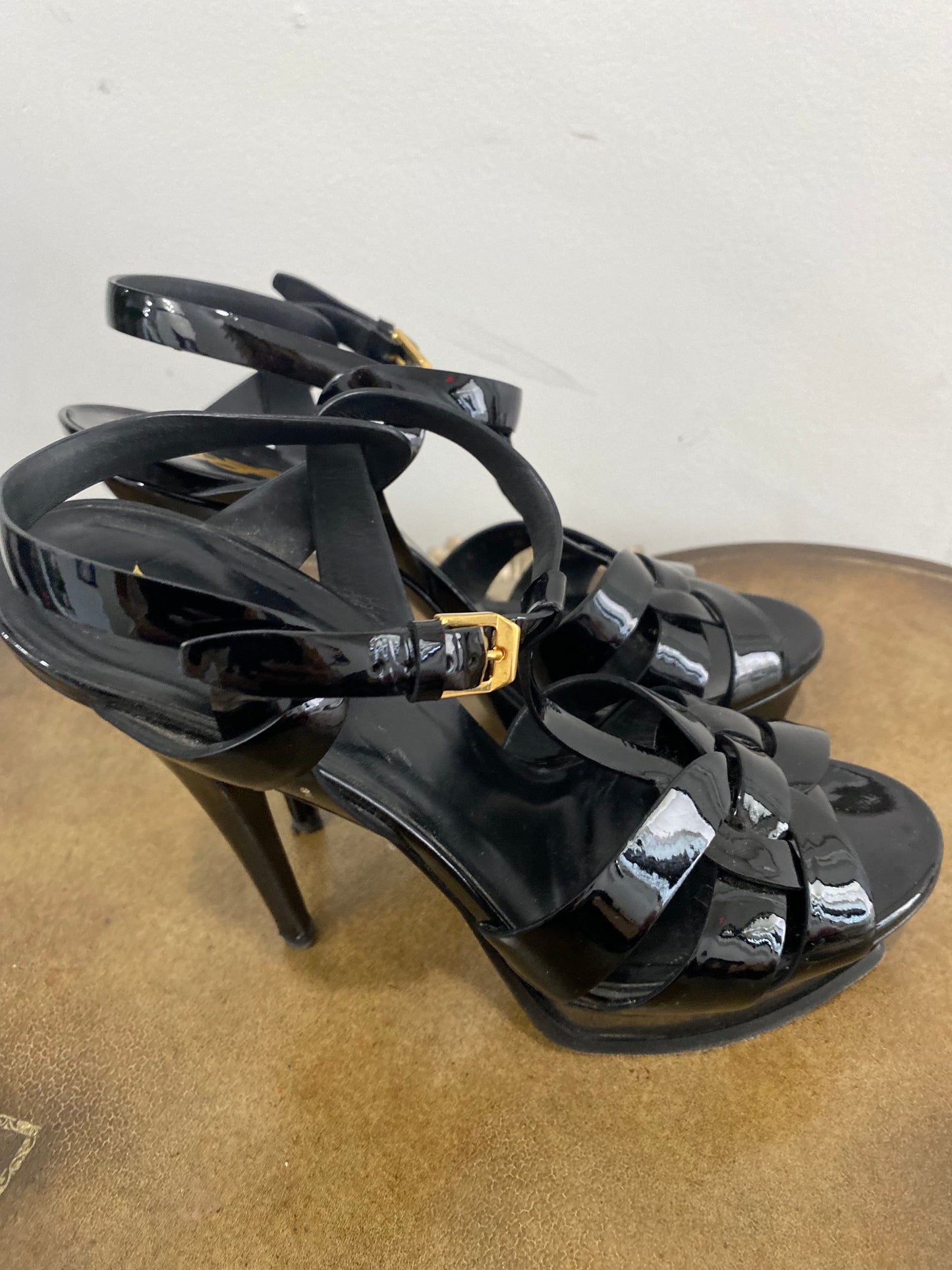 YSL TRIBUTE 75MM PATENT LEATHER PLATFORM SANDALS