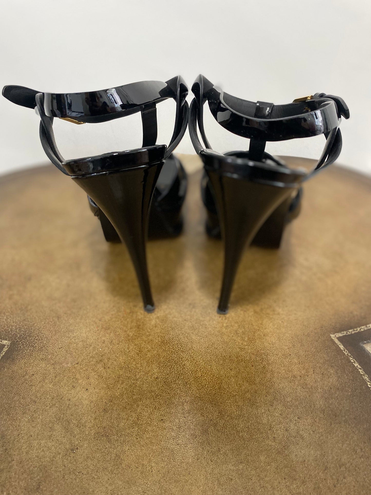 YSL TRIBUTE 75MM PATENT LEATHER PLATFORM SANDALS