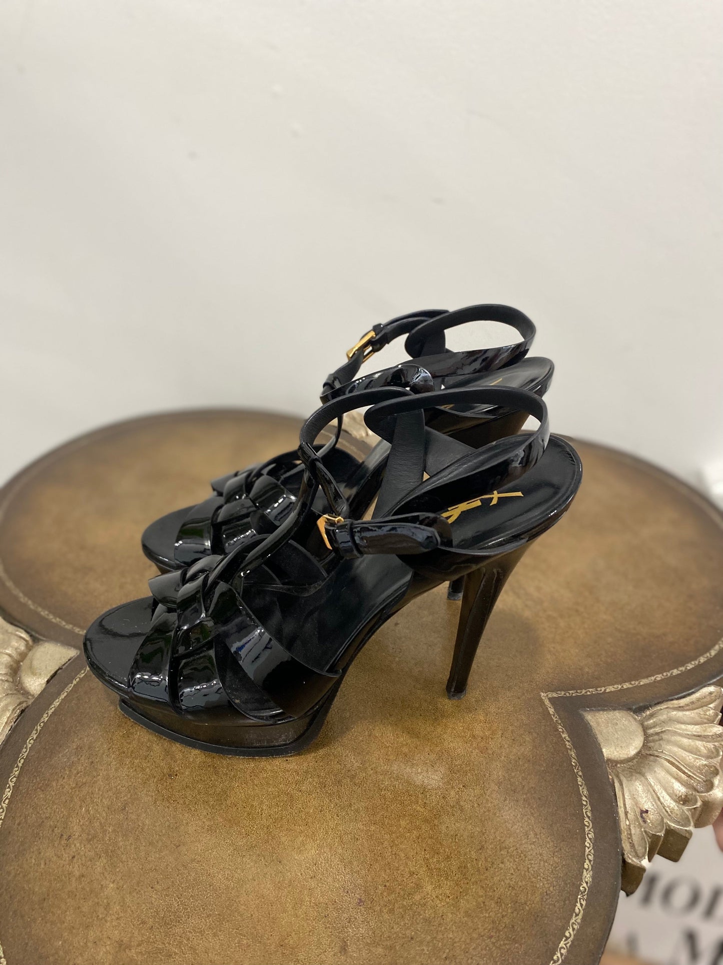 YSL TRIBUTE 75MM PATENT LEATHER PLATFORM SANDALS