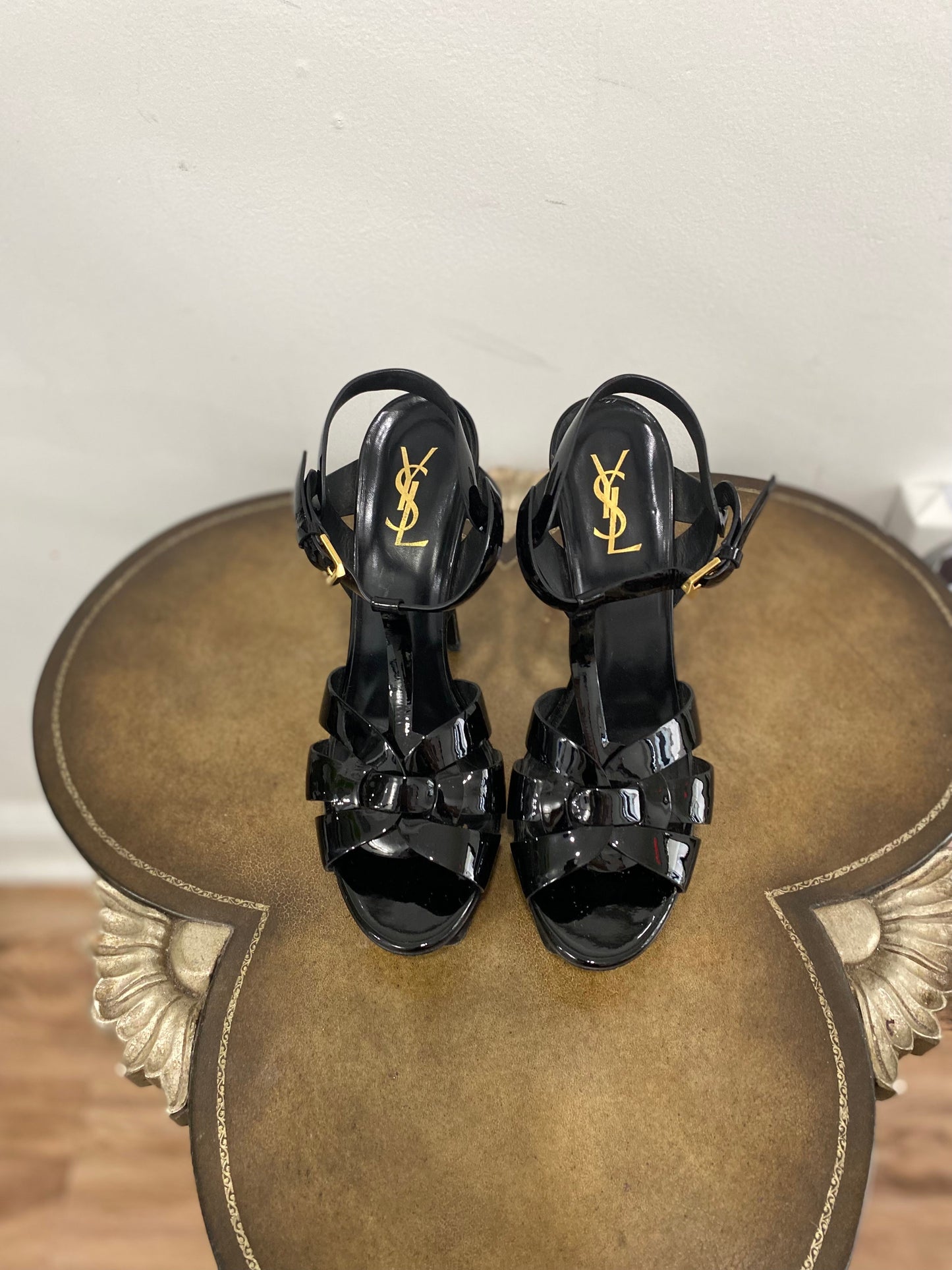 YSL TRIBUTE 75MM PATENT LEATHER PLATFORM SANDALS