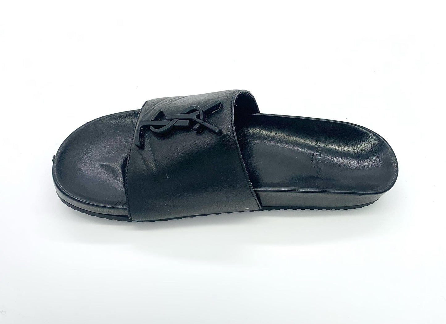 YSL MONOGRAM LEATHER FLAT SLIDES