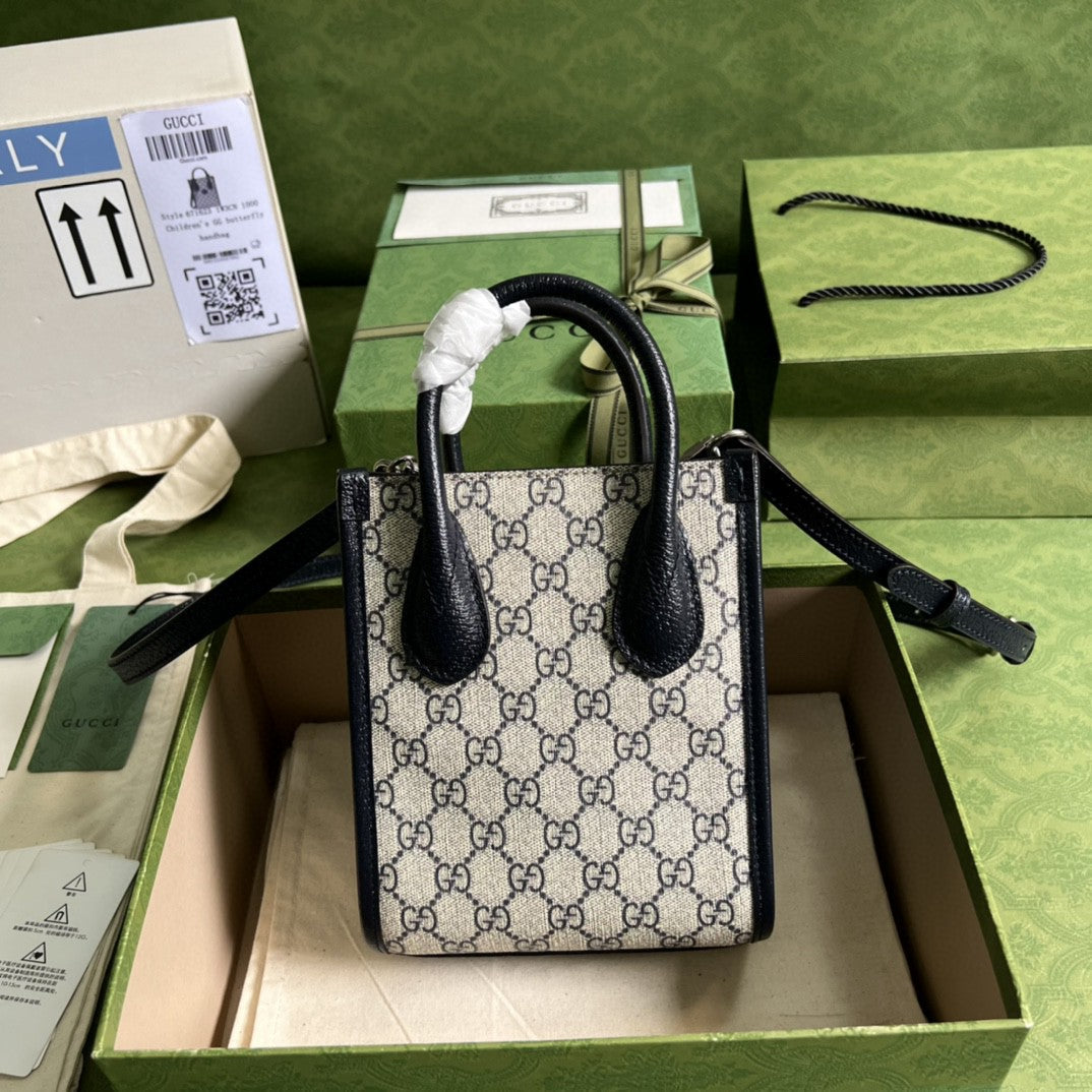 gg Mini Tote Bag With Interlocking G Beige And Blue gg Supreme Canvas For Women 7.8in/20cm 671623 K9GSN 4075