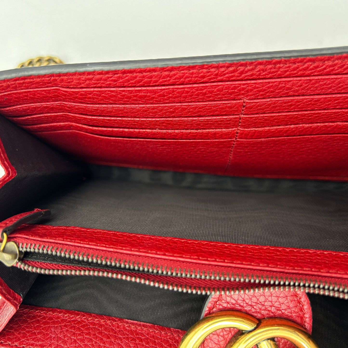 Gucci Red Leather GG Marmont Wallet On Chain Mini