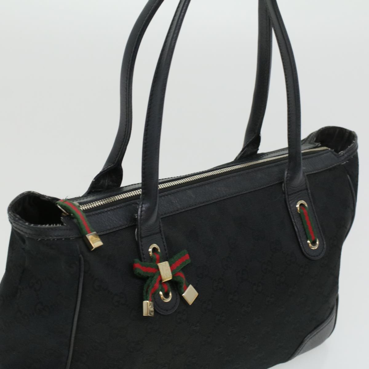 GUCCI GG Canvas Web Sherry Line Shoulder Bag Black Red Green ac1354