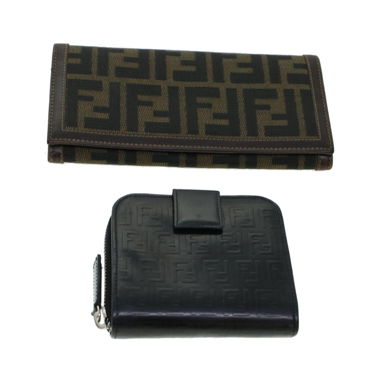 FENDI Zucca Canvas Wallet Leather 2Set Black Brown ac1941
