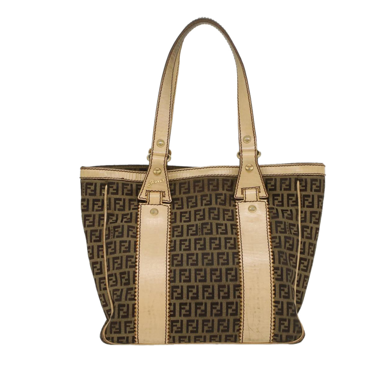 FENDI Zucchino Canvas Shoulder Bag Leather Brown ac2009