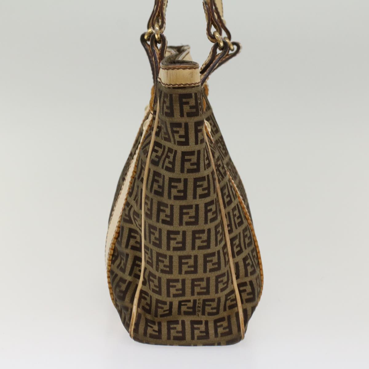 FENDI Zucchino Canvas Shoulder Bag Leather Brown ac2009
