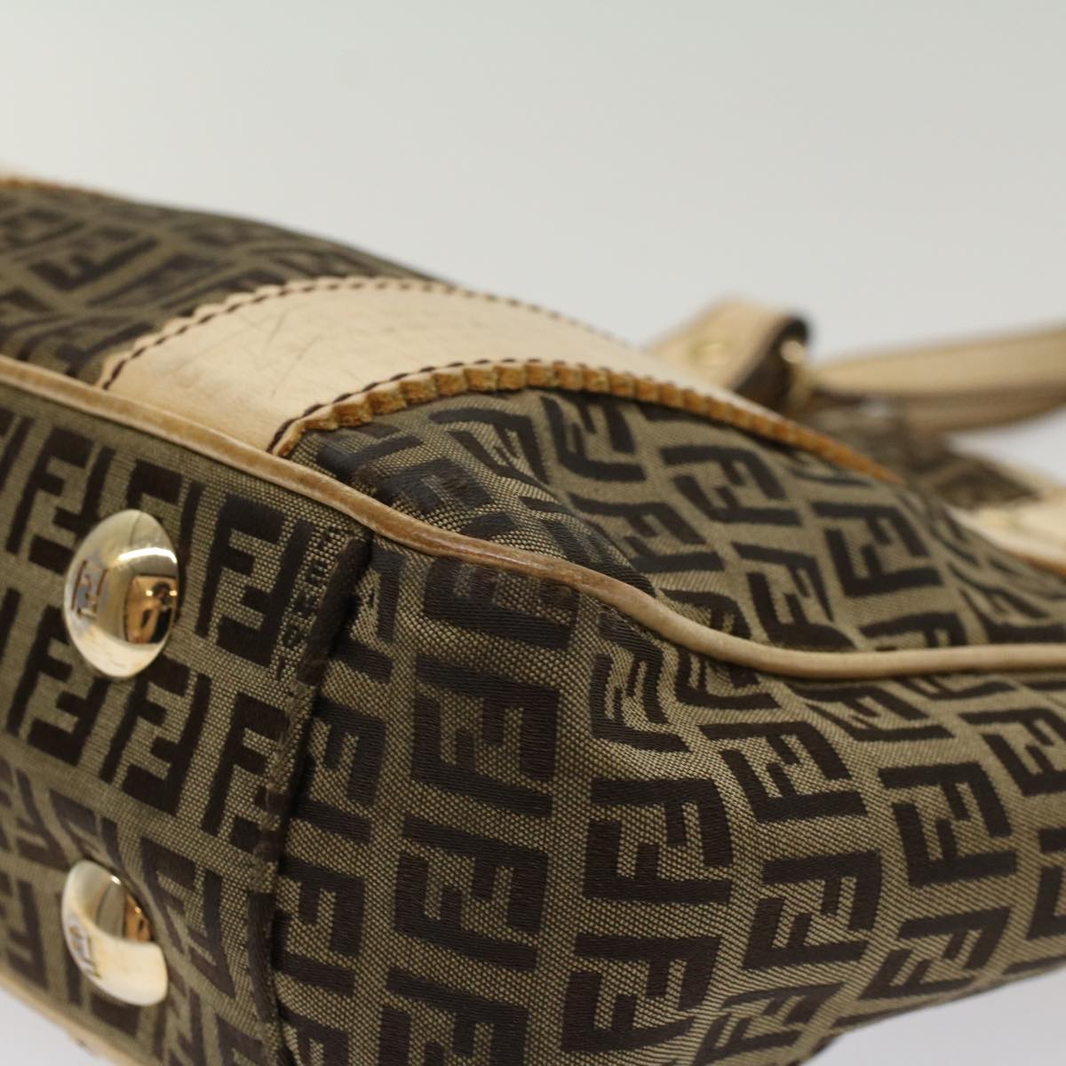 FENDI Zucchino Canvas Shoulder Bag Leather Brown ac2009