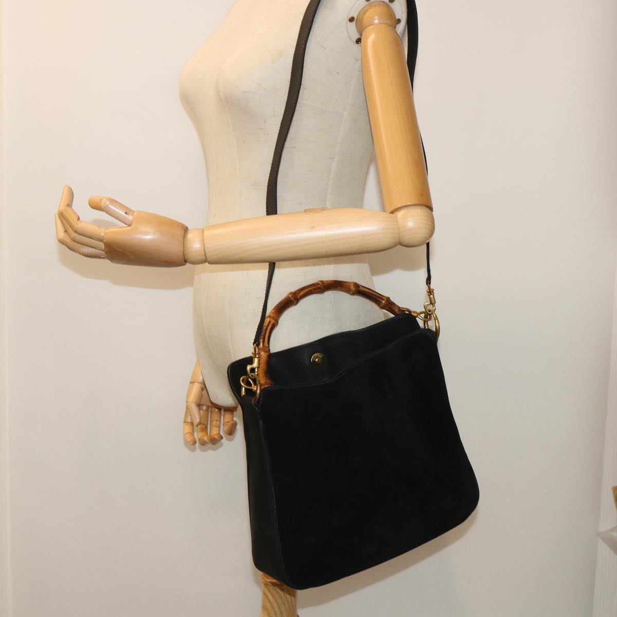 GUCCI Bamboo Shoulder Bag Suede 2way Black ac2139