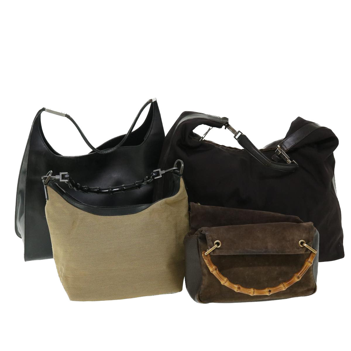 GUCCI Bamboo Shoulder Bag Nylon Canvas 4Set Black Beige Brown ac2155