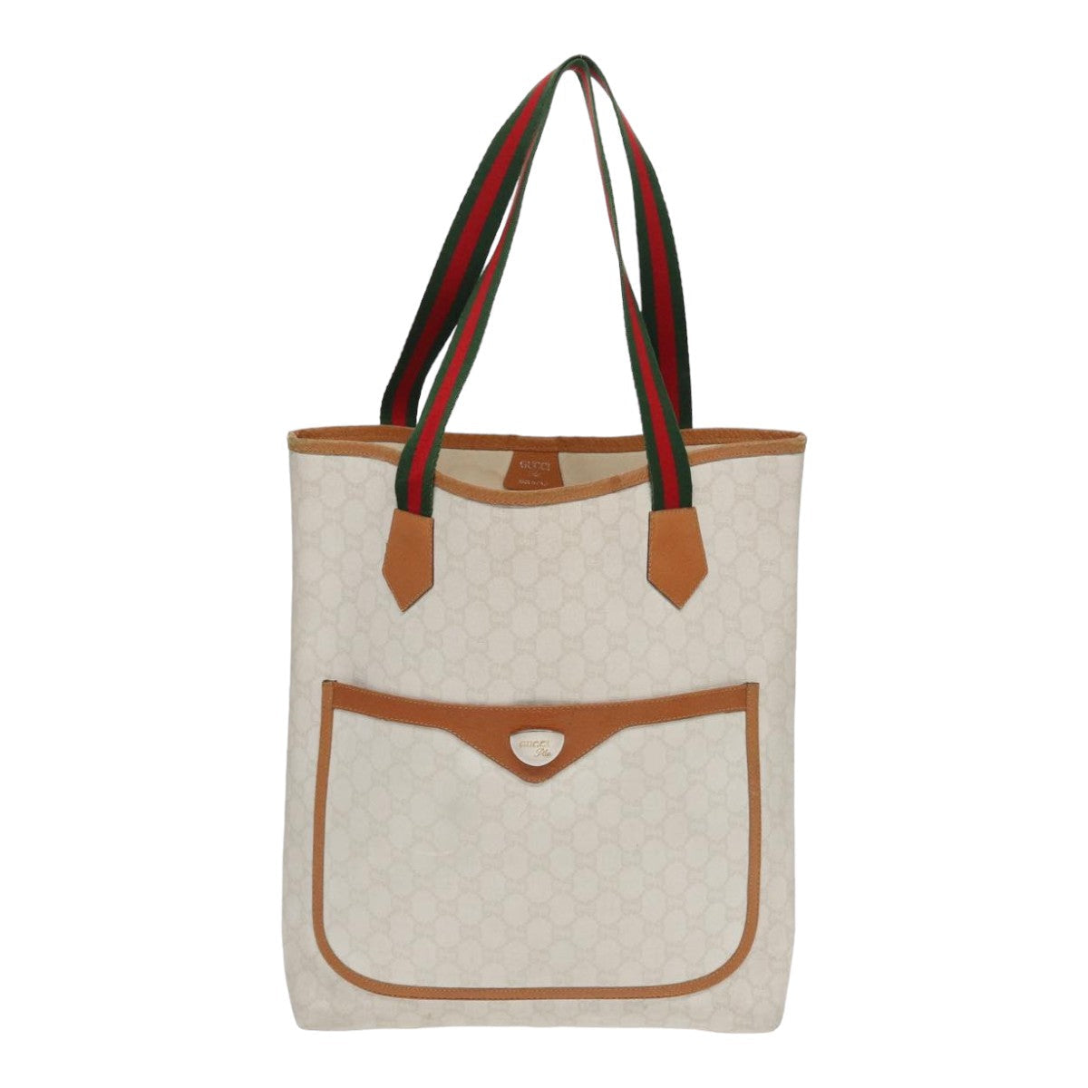GUCCI GG Plus Supreme Web Sherry Line Tote Bag PVC Leather White Red ac3160