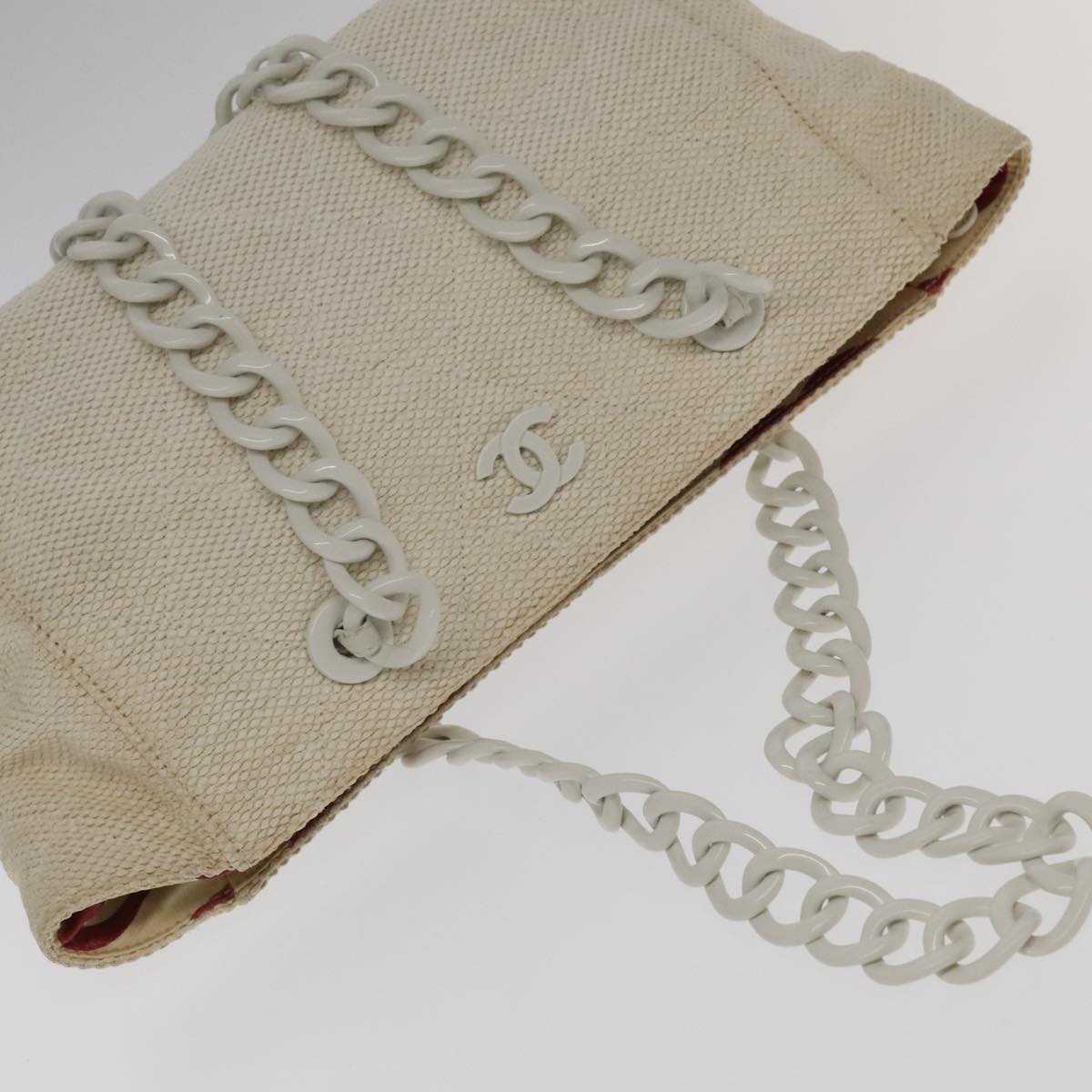 CHANEL Matelasse Chain Tote Bag Straw White CC ac3478