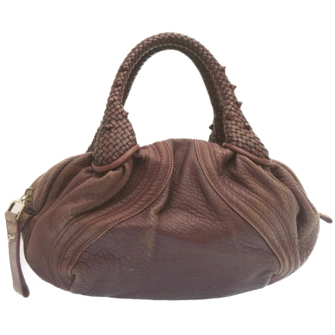 FENDI Zucca Hand Bag Leather Wine Red ac567