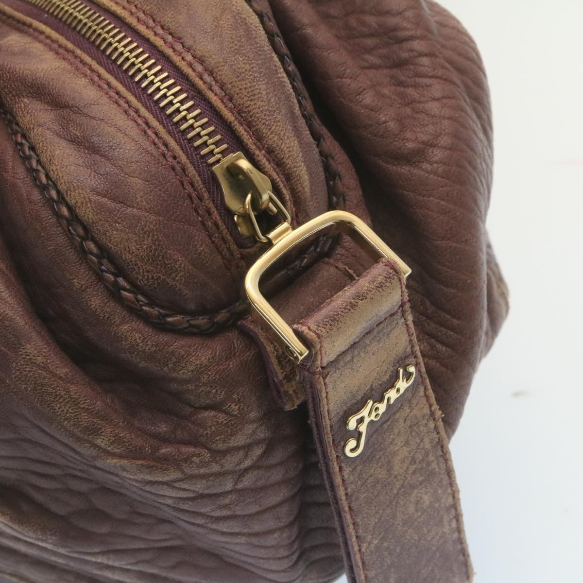 FENDI Zucca Hand Bag Leather Wine Red ac567