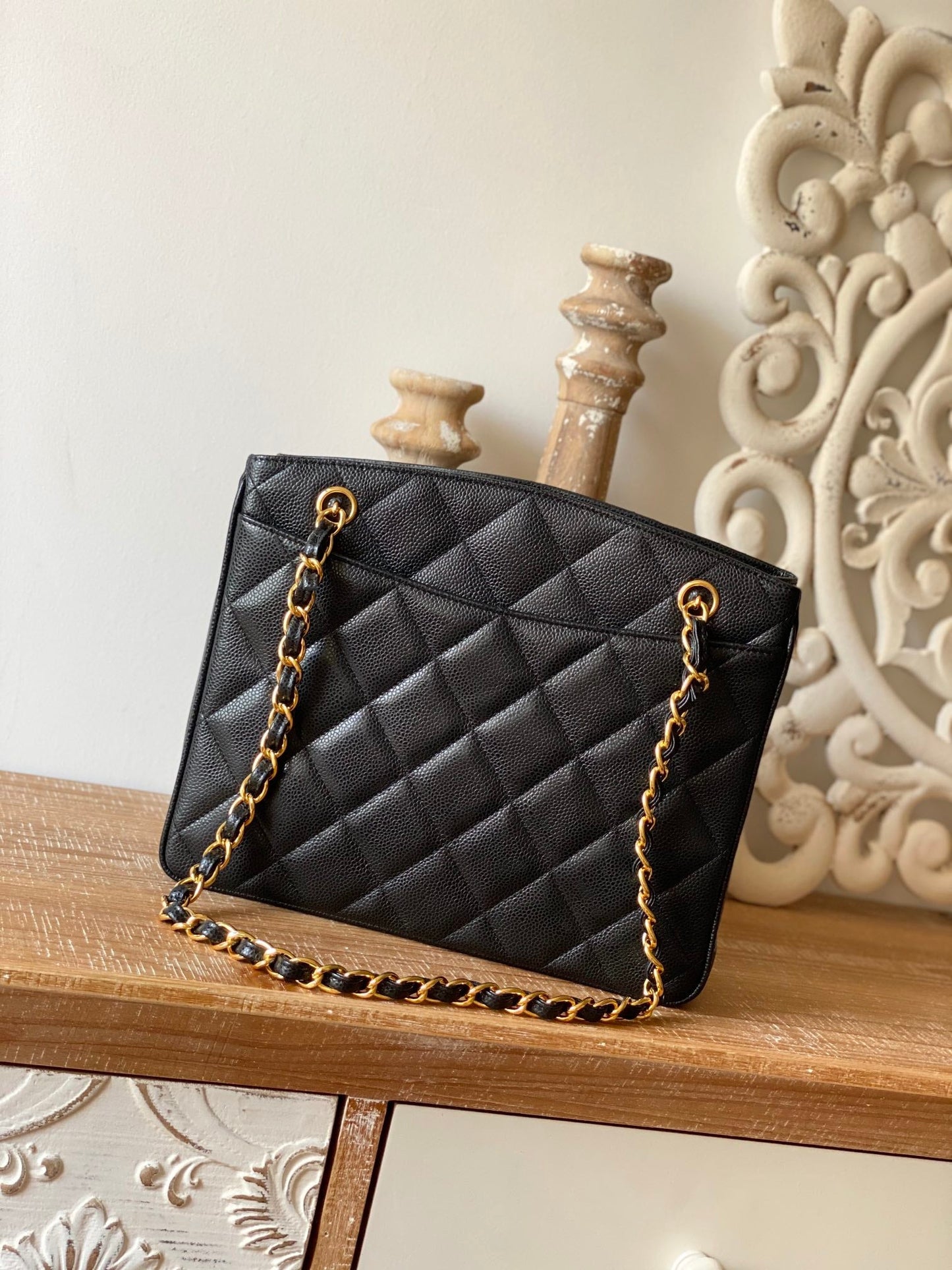 CHLVintage Black Medium Quilted Caviar Tote Bag For Women 28cm/11in