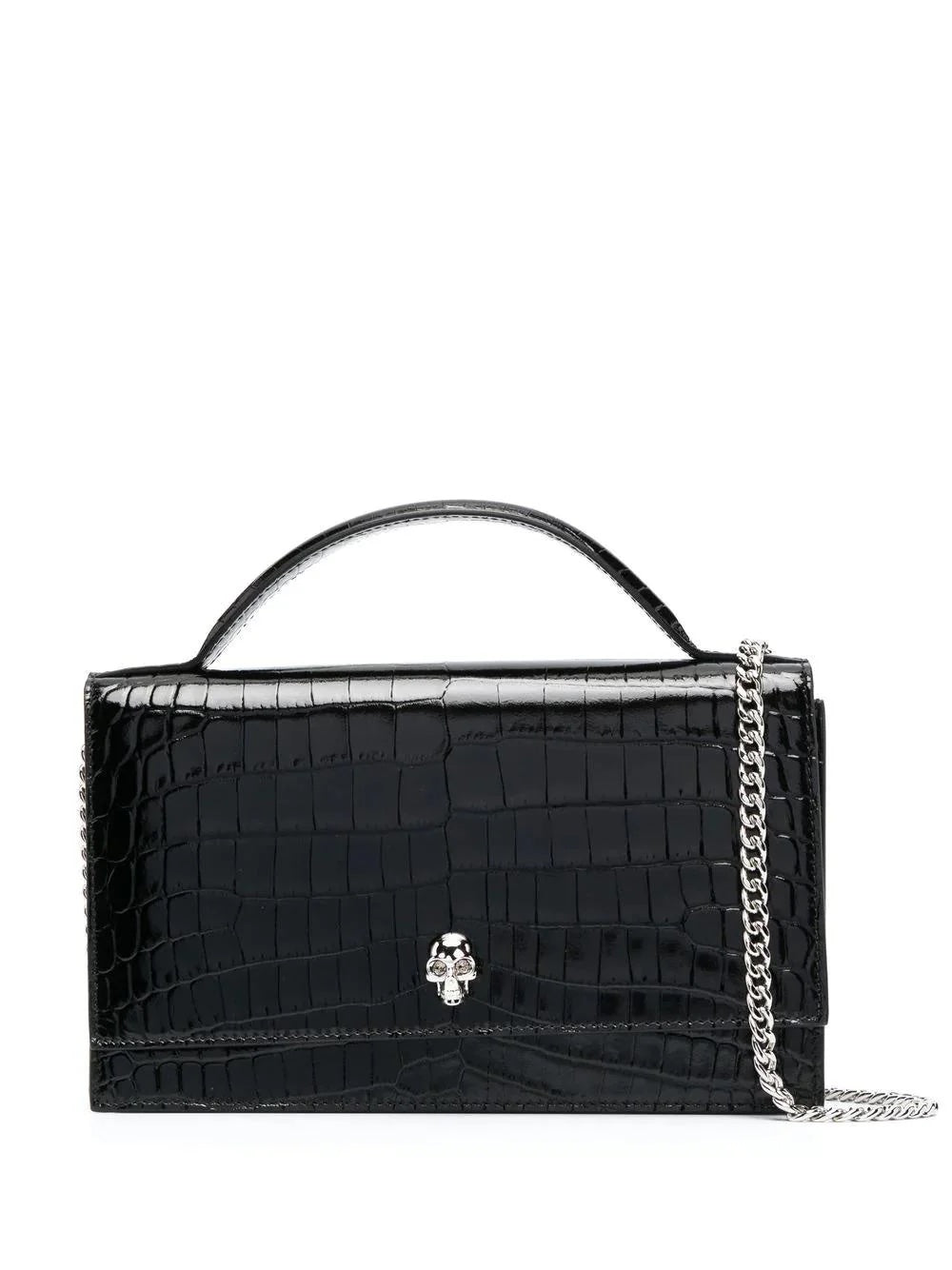 ALEXANDER MCQUEEN CROC EMBOSSED CALFSKIN TOP HANDLE SKULL CROSSBODY BAG