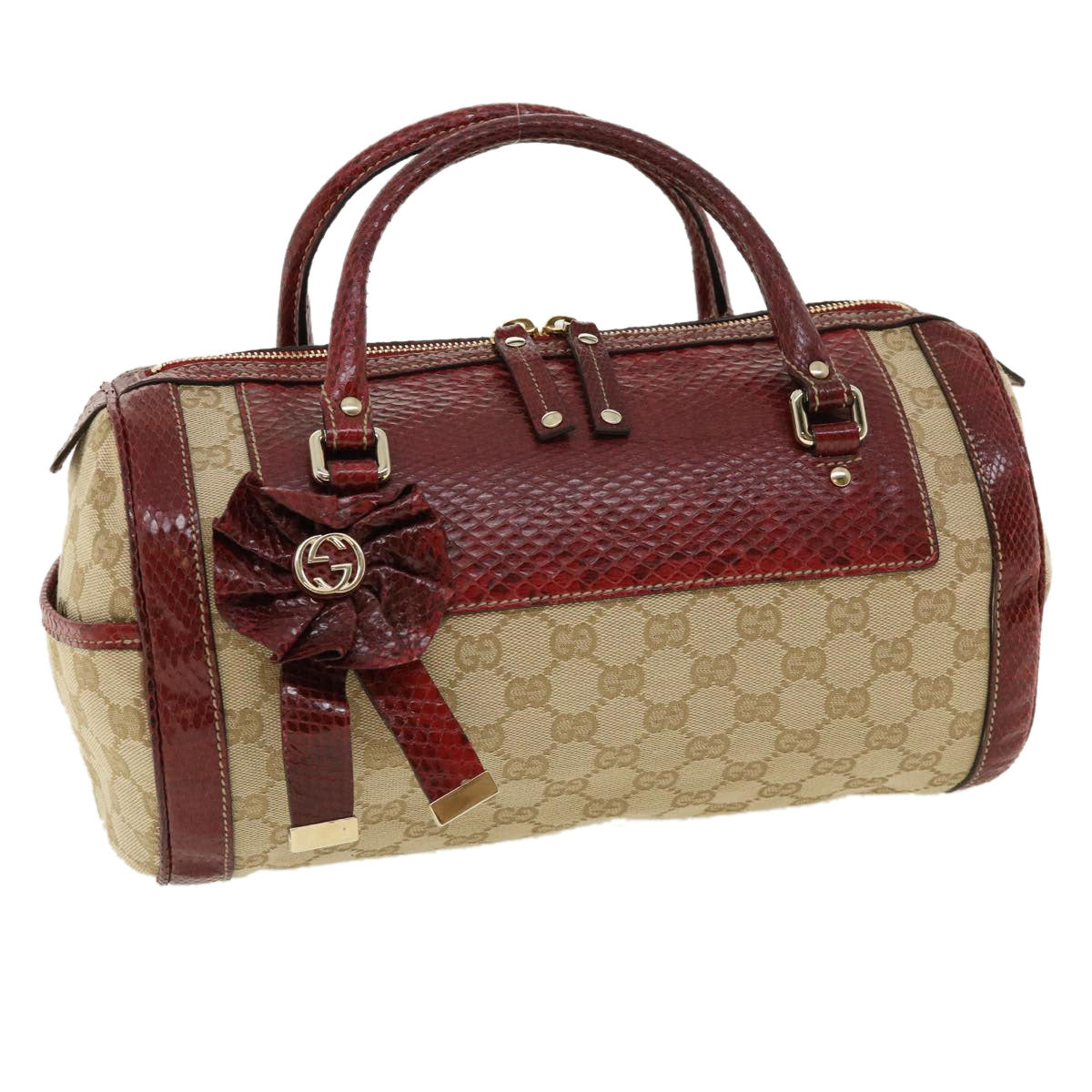 GUCCI GG Canvas Hand Bag Snake skin Beige Red 189825002122 am3163