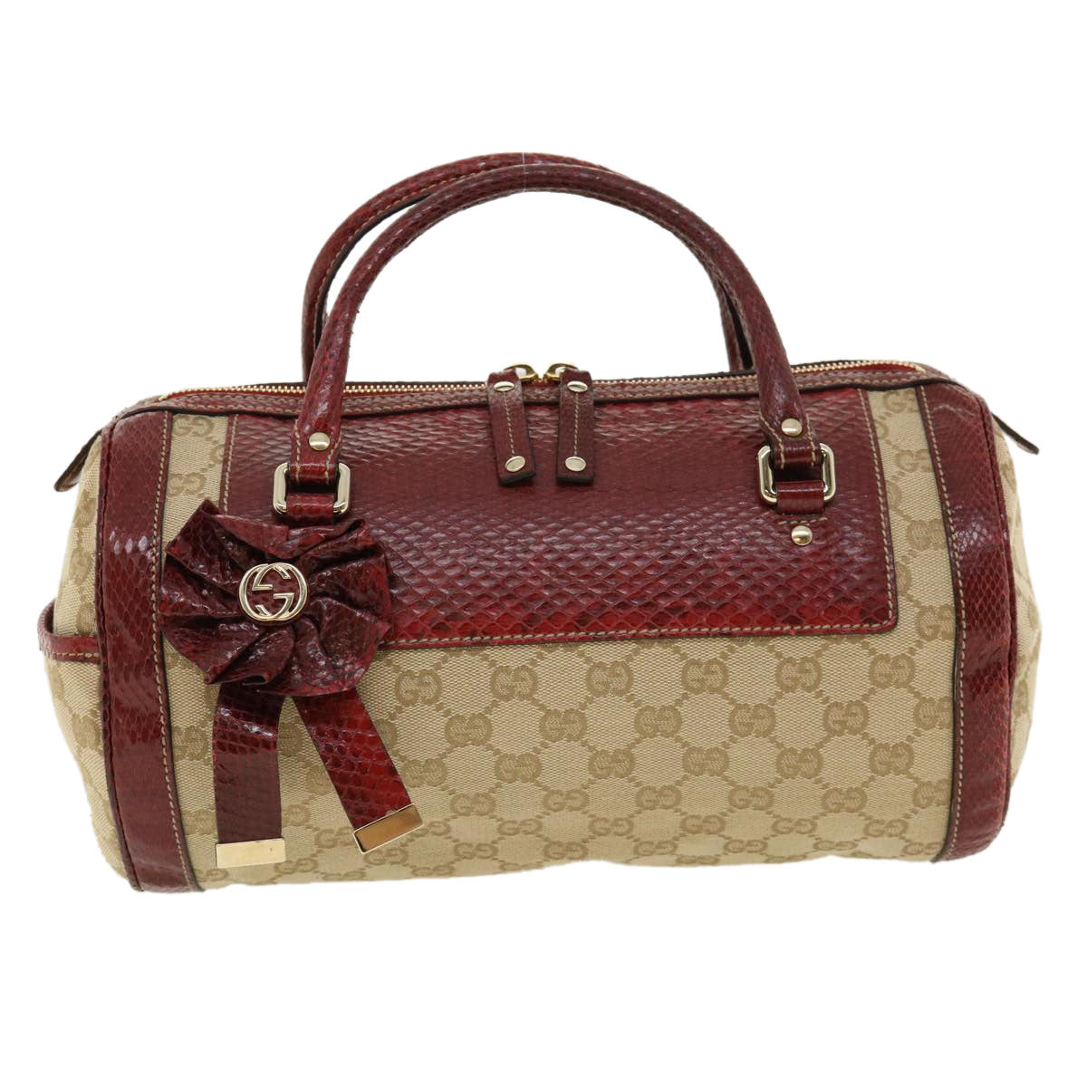 GUCCI GG Canvas Hand Bag Snake skin Beige Red 189825002122 am3163