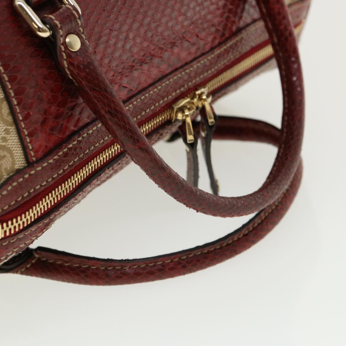GUCCI GG Canvas Hand Bag Snake skin Beige Red 189825002122 am3163