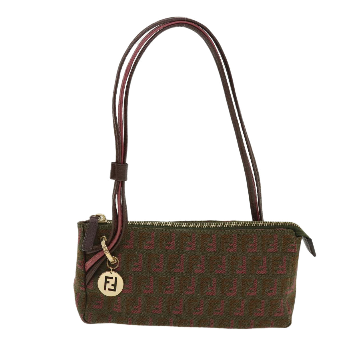 FENDI Zucchino Canvas Shoulder Bag Khaki Pink am3639