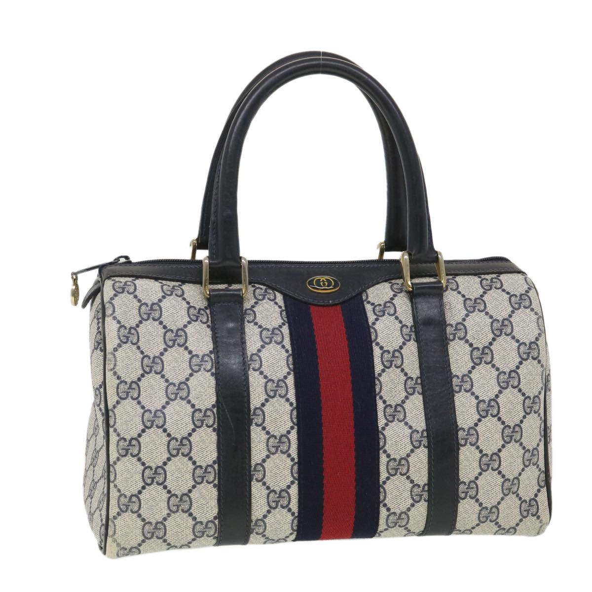 GUCCI GG Canvas Sherry Line Hand Bag PVC Leather Gray Red Navy am3714