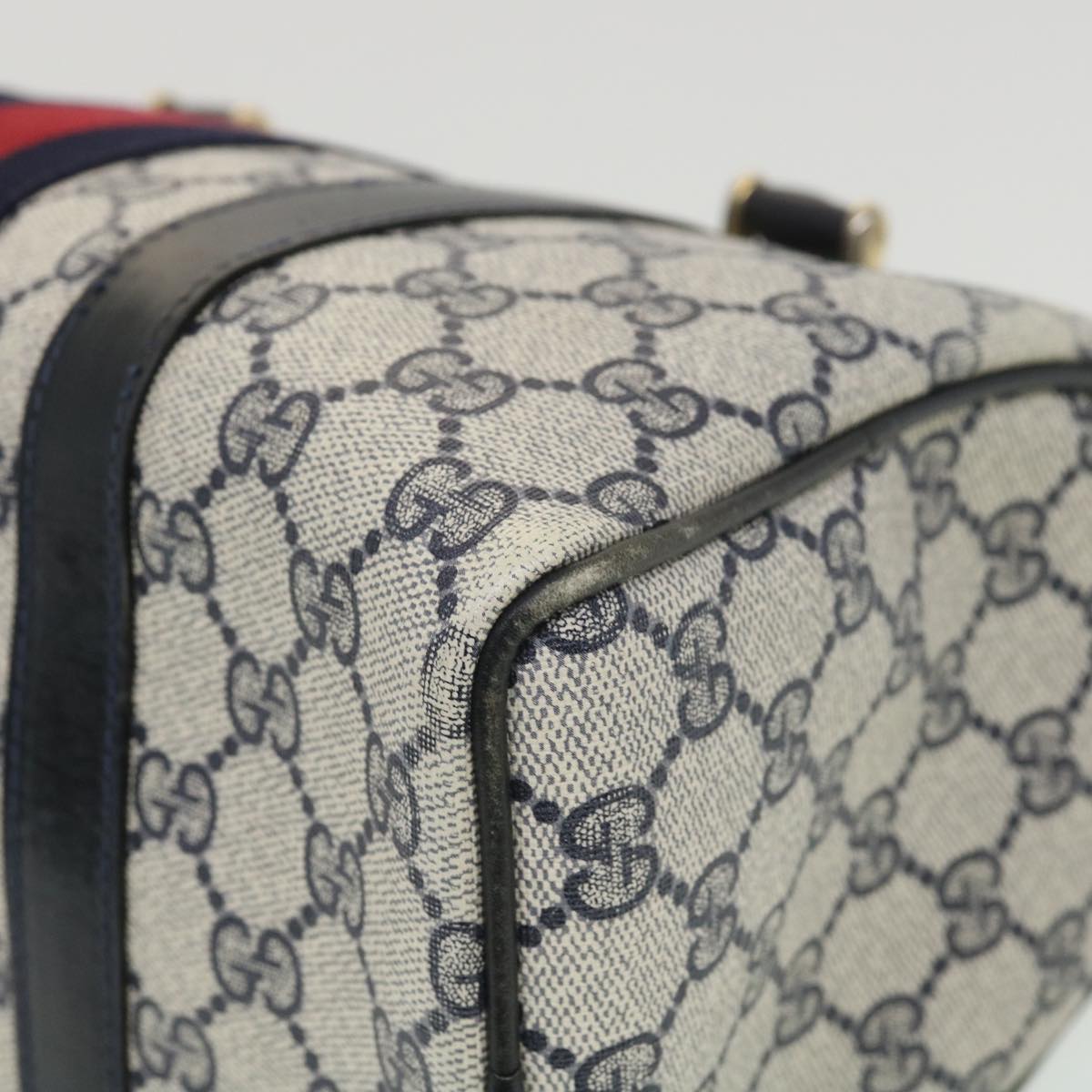 GUCCI GG Canvas Sherry Line Hand Bag PVC Leather Gray Red Navy am3714