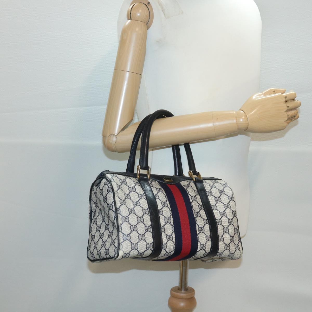 GUCCI GG Canvas Sherry Line Hand Bag PVC Leather Gray Red Navy am3714