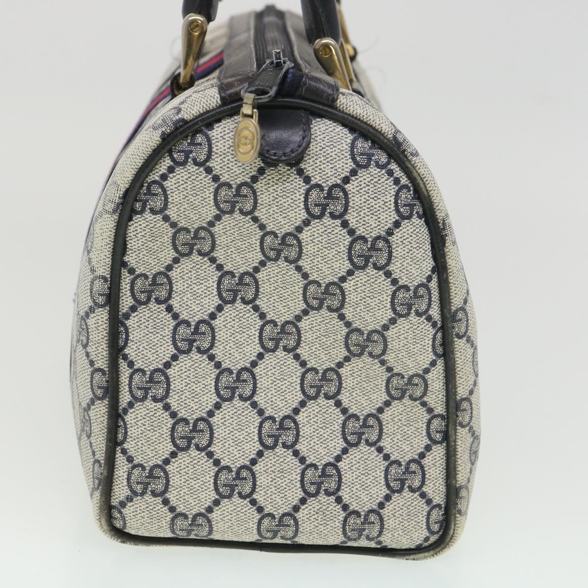 GUCCI GG Canvas Sherry Line Hand Bag PVC Leather Gray Red Navy am3714