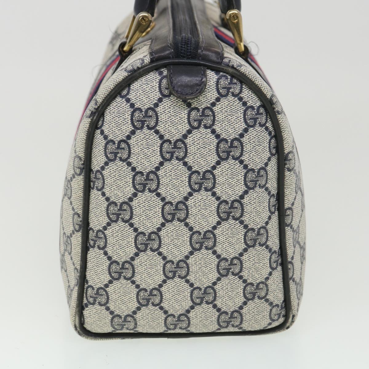 GUCCI GG Canvas Sherry Line Hand Bag PVC Leather Gray Red Navy am3714