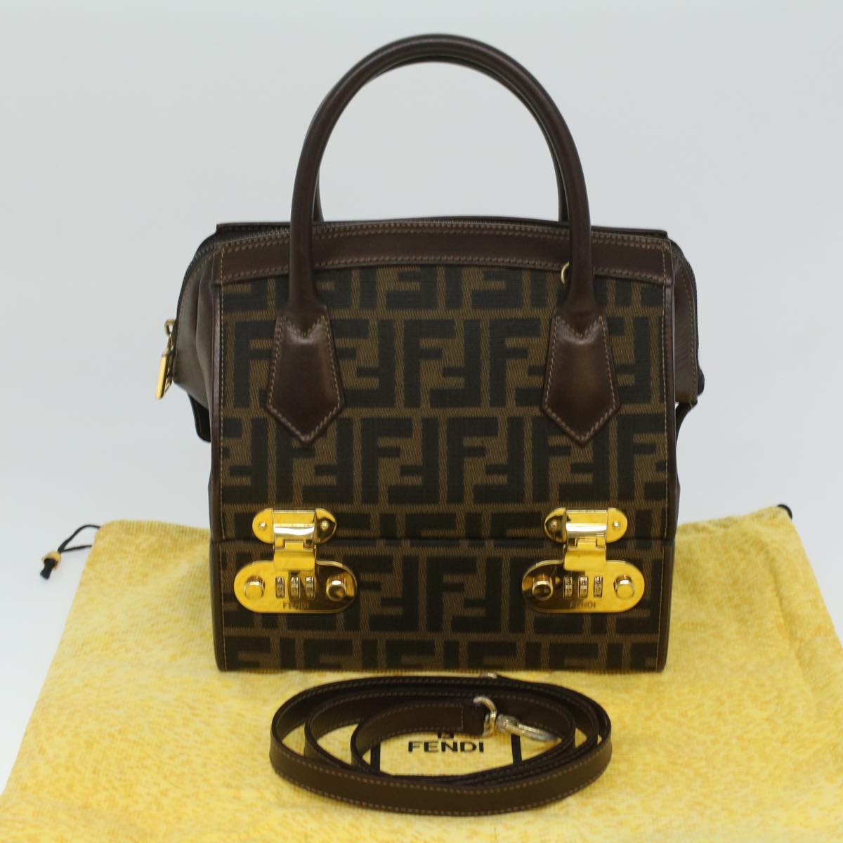 FENDI Zucca Canvas Hand Bag 2way Brown Black am3888A