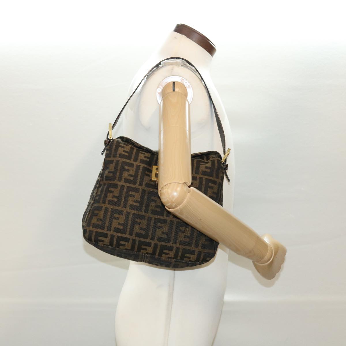 FENDI Zucca Canvas Mamma Baguette Shoulder Bag Nylon Brown Black am4225