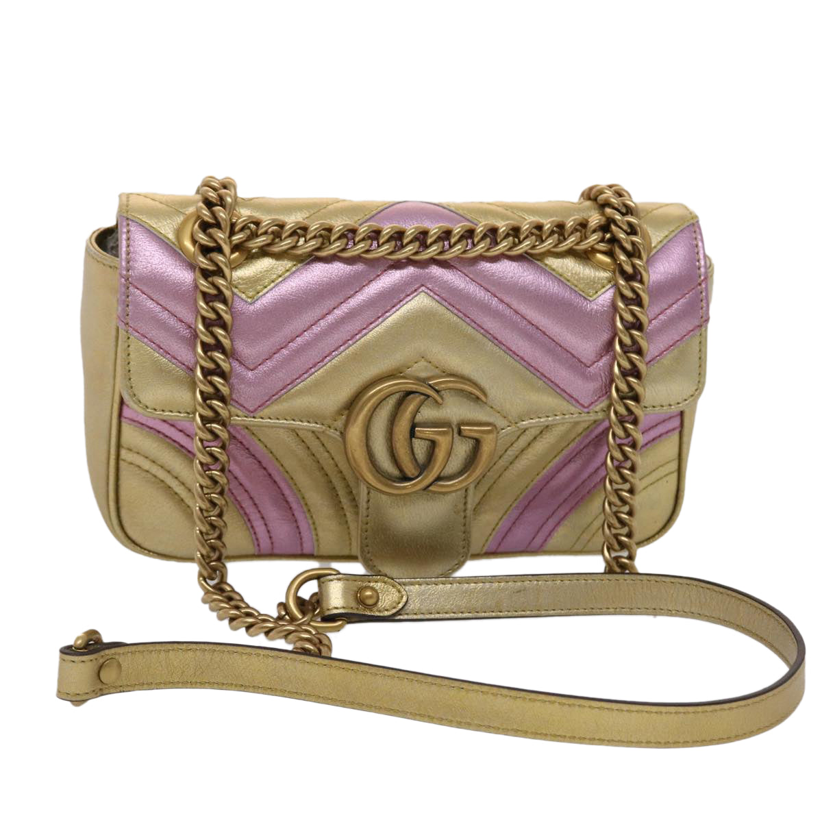 GUCCI GG Marmont Chain Shoulder Bag Leather Gold 446744 am4580