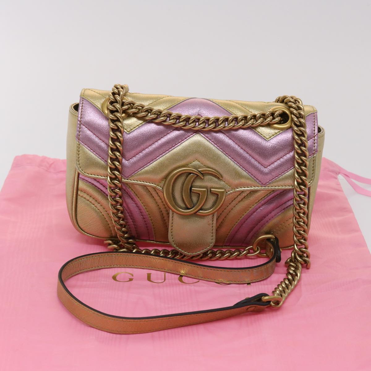 GUCCI GG Marmont Chain Shoulder Bag Leather Gold 446744 am4580