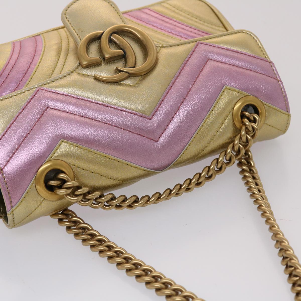 GUCCI GG Marmont Chain Shoulder Bag Leather Gold 446744 am4580