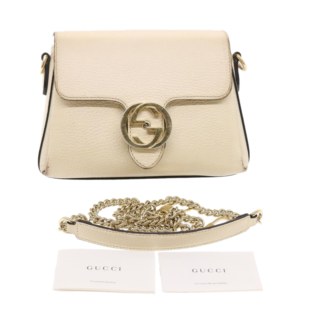 GUCCI Interlocking Chain Shoulder Bag Leather White 607720 am4734