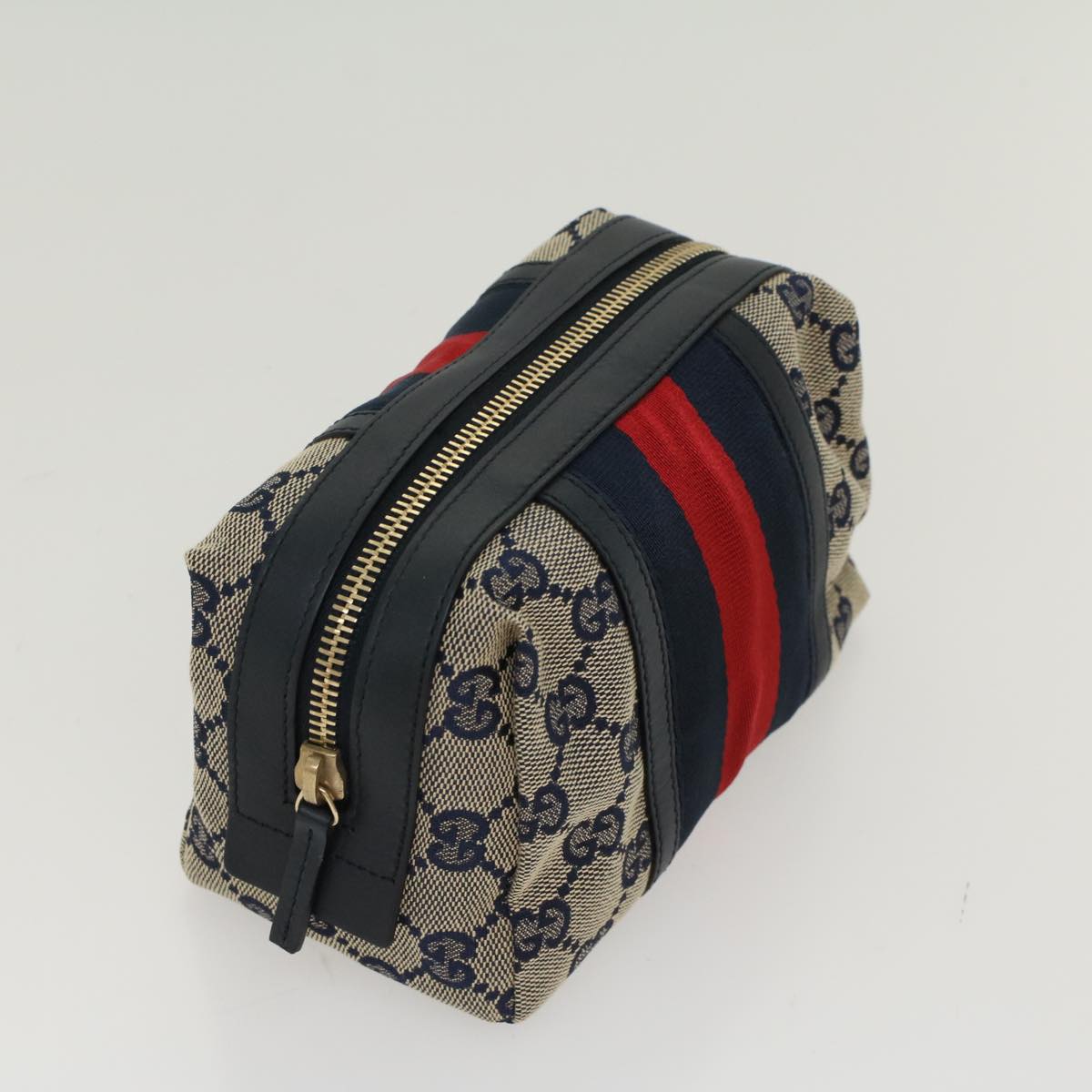 GUCCI GG Canvas Sherry Line Pouch Gray Red Navy 256636 am4777