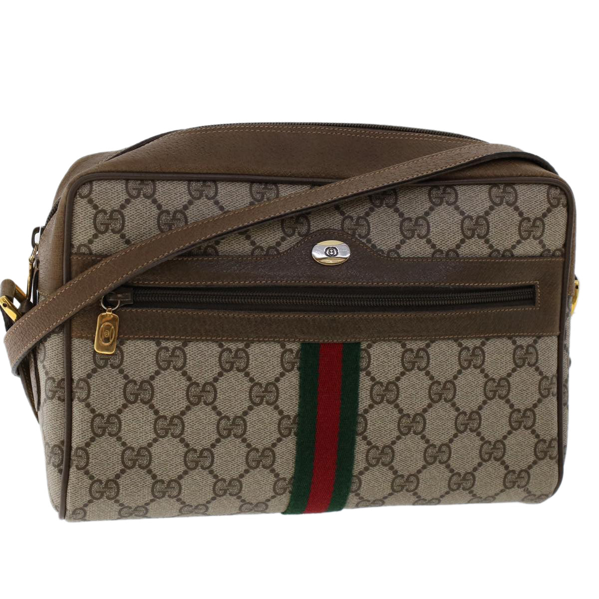 GUCCI GG Canvas Web Sherry Line Shoulder Bag PVC Leather Beige Red am4836