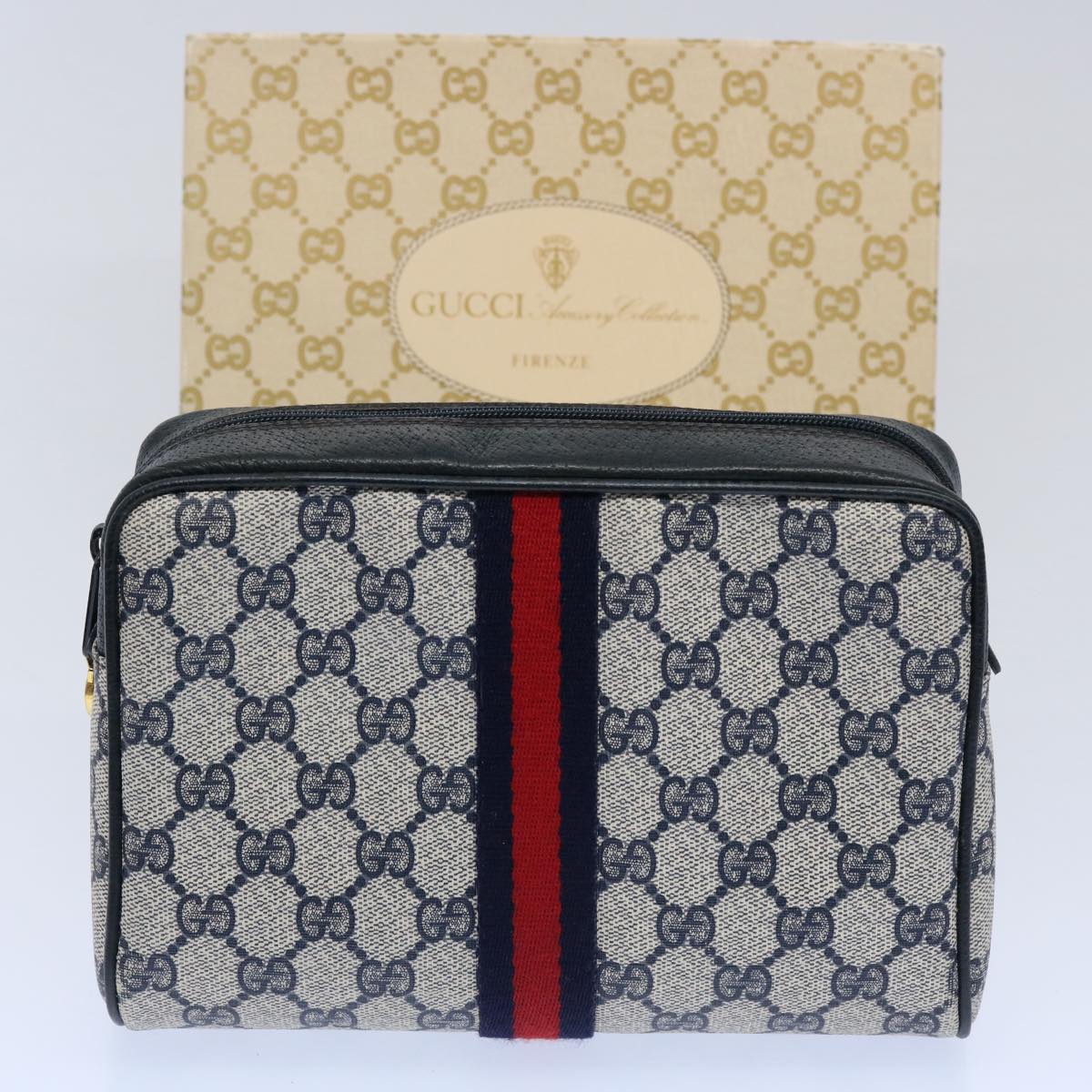 GUCCI GG Supreme Sherry Line Clutch Bag PVC Leather Red Navy 010 378 am5423