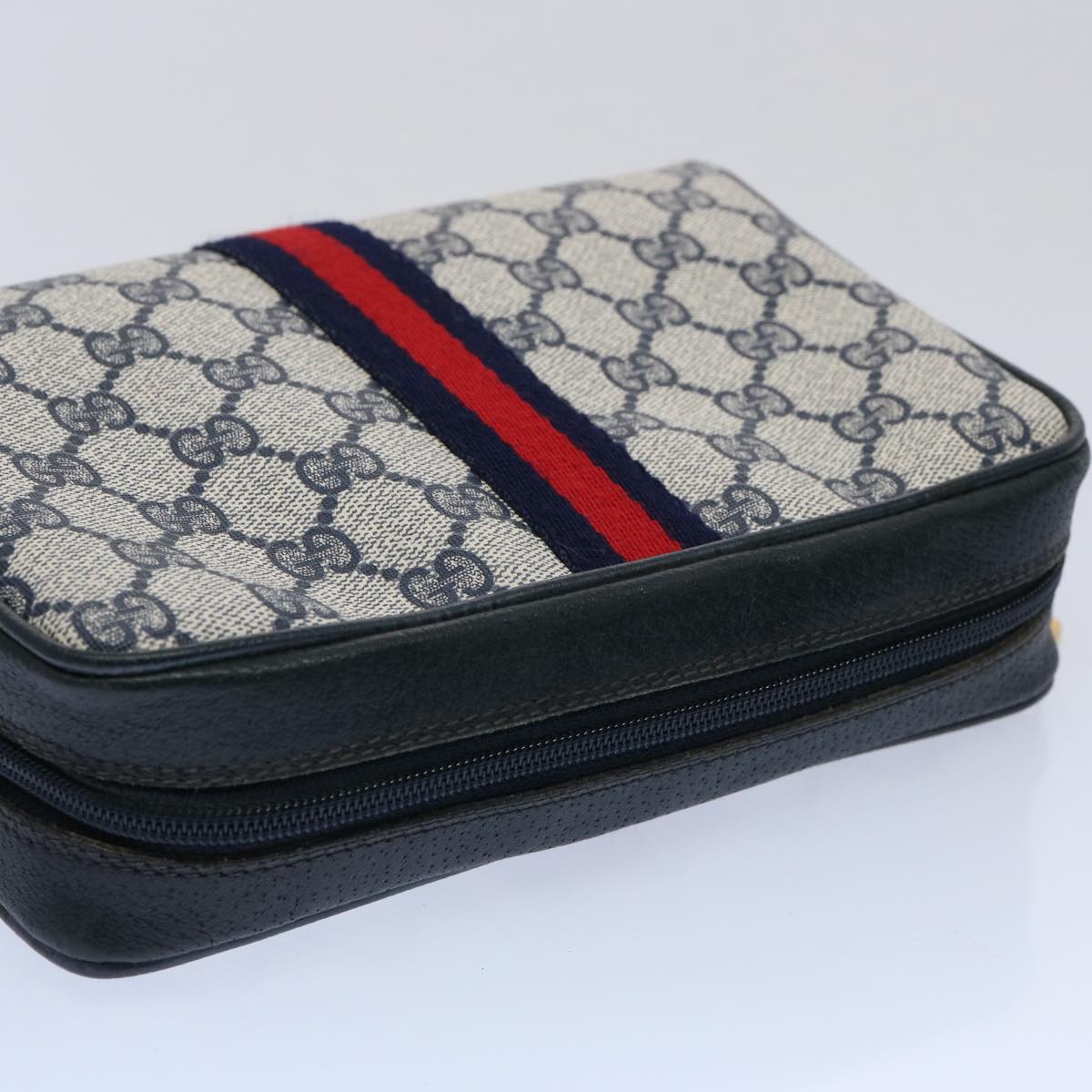 GUCCI GG Supreme Sherry Line Clutch Bag PVC Leather Red Navy 010 378 am5423