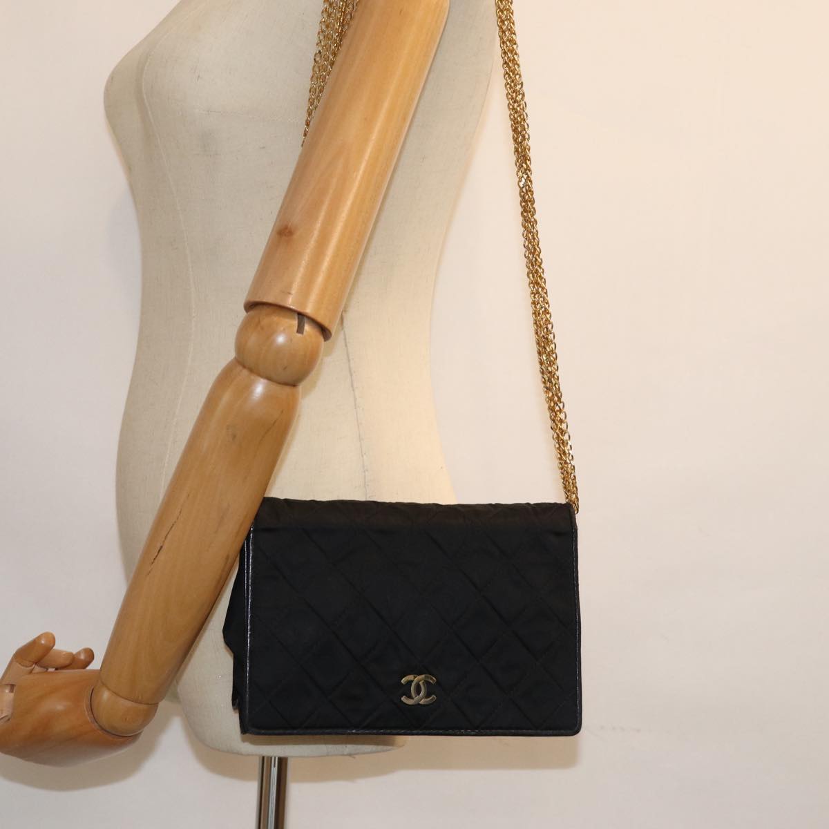 CHANEL Matelasse Chain Shoulder Bag Satin Black CC am6152A
