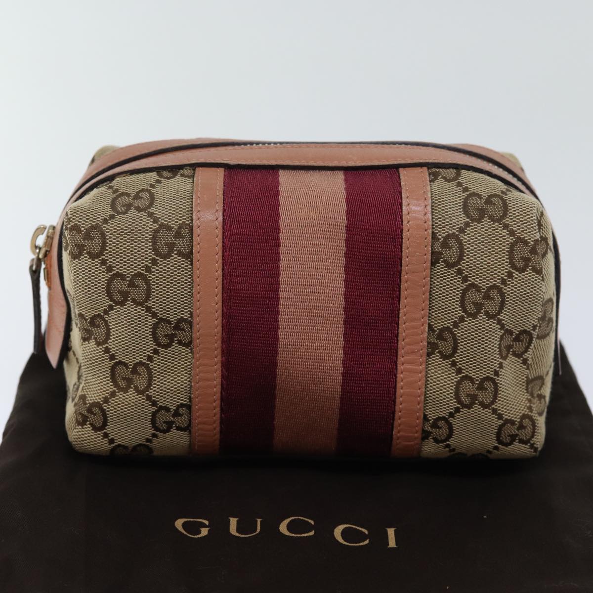 GUCCI GG Canvas Sherry Line Pouch Beige Wine Red 256636 am6220