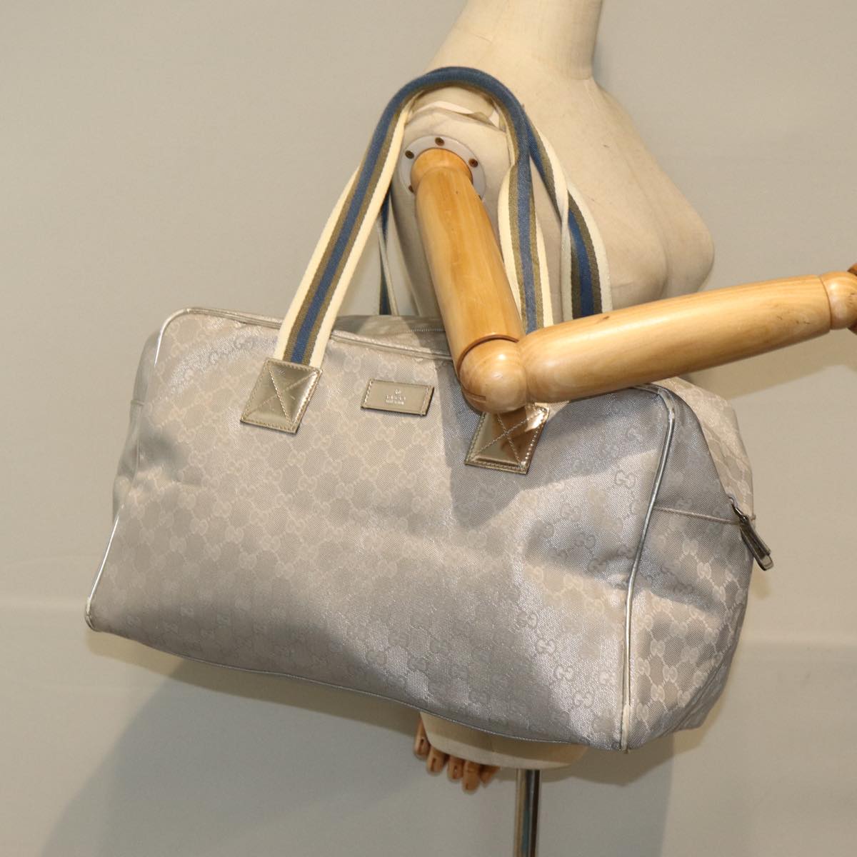 GUCCI GG Canvas Sherry Line Boston Bag Gray Silver 153240 am6442
